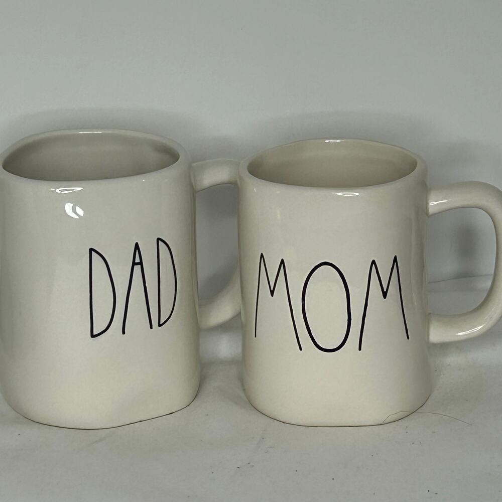 Rae Dunn DAD & Magenta MOM Mug Set Large Letter Cream Ceramic Coffee Cups